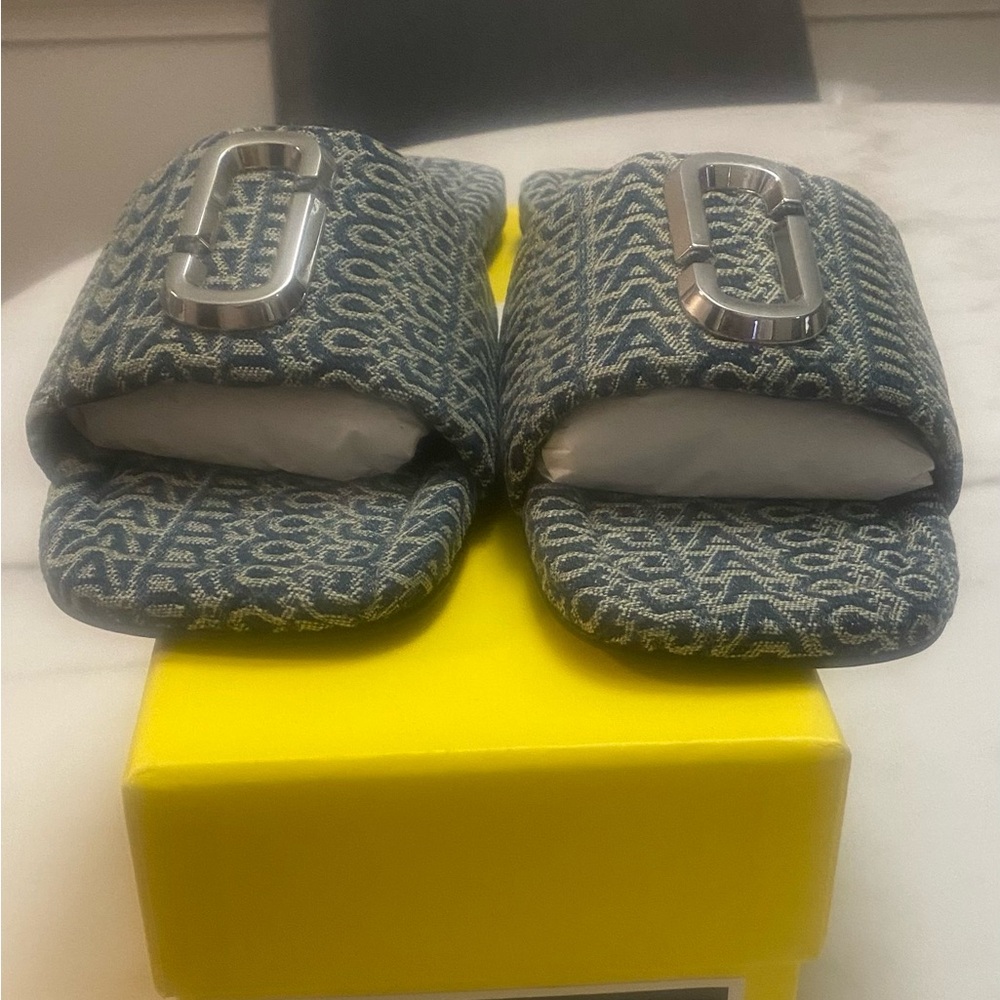 Marc Jacobs Denim Blue and White Slides with Silver Accents